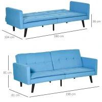 HOMCOM Sofá Cama de 3 Lugares Estofado em Tecido com Encosto Ajustável em 3 Posições e Pés de Madeira Sofá Moderno para Sala de Estar Escritório 198x81x81cm Azul(m-3)