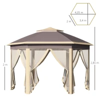 Outsunny Tenda Dobrável Exterior 4,05x3,4x2,85m com Altura Ajustável Pérgola de Jardim Hexagonal com Teto Duplo Mosquiteiras Removíveis e Bolsa de Transporte para Festas Bege(m-3)