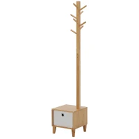 HOMCOM Cabide de Pé de Bambu com Banco Gaveta de Tecido e 8 Ganchos para Pendurar Roupa Bolsas Casacos para Entrada Sala de Estar Corredor 35x35x177cm Natural(m-10)