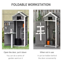 Outsunny Garden Wood Storage Shed with Workstation, Hooks and Ground Nails Multifunction  Lockable Sheds & Outdoor Storage Asphalt Roof Tool Organizer, 182 x 78 x 52.5cm, Grey(m-5)