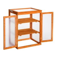 Outsunny Estufa de Jardim Estufa de Madeira e Painéis de Policarbonato com 3 Prateleiras Tampa e Portas para Plantas e Cultivos 58x44x78cm Madeira Natural(m-4)