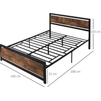 HOMCOM Estrutura de Cama Dupla de Metal 31cm para Colchão 150x200cm com Cabeceira de Madeira Estrutura de Cama com Espaço em Baixo de Armazenamento 160x208x103cm Preto e Marrom Rústico(m-3)