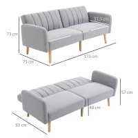 HOMCOM Sofá Cama de 2 Lugares com Encosto Ajustável em 3 Posições Apoio para os Braços Desmontável e Pés de Madeira Sofá Duplo Moderno para Sala de Estar Escritório 173x75x73cm Cinza(m-3)