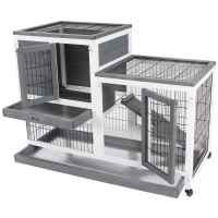 PawHut Coelheira de Madeira Interior com Rodas Gaiola para Coelhos Animais Pequenos de 2 Pisos com Zona Aberta Rampa e 2 Bandejas Removíveis 110x50x86cm Cinza(m-9)