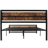 HOMCOM Estrutura de Cama Dupla de Metal 31cm para Colchão 150x200cm com Cabeceira de Madeira Estrutura de Cama com Espaço em Baixo de Armazenamento 160x208x103cm Preto e Marrom Rústico(m-8)