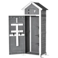 Outsunny Garden Wood Storage Shed with Workstation, Hooks and Ground Nails Multifunction  Lockable Sheds & Outdoor Storage Asphalt Roof Tool Organizer, 182 x 78 x 52.5cm, Grey(m-1)