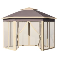 Outsunny Tenda Dobrável Exterior 4,05x3,4x2,85m com Altura Ajustável Pérgola de Jardim Hexagonal com Teto Duplo Mosquiteiras Removíveis e Bolsa de Transporte para Festas Bege(m-9)