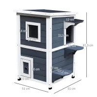 PawHut Casa para Gatos de Madeira Exterior Casa para Gatos de 2 Andares com Teto Abatível Janelas e 2 Plataformas para Terraço Balcão Jardim 51x51x81,3cm Cinza(m-3)
