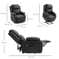 HOMCOM Poltrona Relax Levanta Pessoas com Controle Remoto Reclinação Elétrica de 160° Apoio para os Pés Encosto Estofado em PU e Bolsos Laterais 76x90x105cm Preto(m-3)