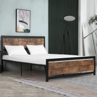 HOMCOM Estrutura de Cama Dupla de Metal 31cm para Colchão 150x200cm com Cabeceira de Madeira Estrutura de Cama com Espaço em Baixo de Armazenamento 160x208x103cm Preto e Marrom Rústico(m-7)