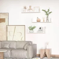 HOMCOM Set of 3 Wooden U-Shaped Floating Shelves Set Wall Mounted Hanging Bookshelf CD DVD Storage Display for Bedroom Living Room Kitchen, White(m-6)