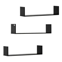 HOMCOM Set of 3 Wooden U-Shaped Floating Shelves Set Wall Mounted Hanging Bookshelf CD DVD Storage Display for Bedroom Living Room Kitchen, Black(m-1)