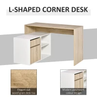 HOMCOM L-Shaped Corner Computer Desk Study Table PC Work w/ Storage Shelf Drawer Office, Oak and White(m-4)