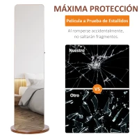HOMCOM Espejo Joyero con Perchero Giratorio de Cuerpo Entero 3 en 1 Organizador de Joyas Oculto Estantes Colgadores y Base Redonda Madera Ø50x169 cm Nogal(m-7)