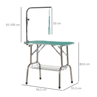 PawHut Mesa de Aseo para Mascotas Plegable Mesa Peluquería Canina Altura Ajustable Forma de Hueso con Cesta Caucho Acero 94,5x55,3x80,6 cm Verde(m-3)