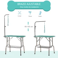 PawHut Mesa de Aseo para Mascotas Plegable Mesa Peluquería Canina Altura Ajustable Forma de Hueso con Cesta Caucho Acero 94,5x55,3x80,6 cm Verde(m-4)