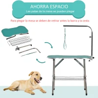 PawHut Mesa de Aseo para Mascotas Plegable Mesa Peluquería Canina Altura Ajustable Forma de Hueso con Cesta Caucho Acero 94,5x55,3x80,6 cm Verde(m-6)