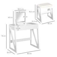 HOMCOM Tocador Mesa para Maquillaje con Taburete Espejo Tapa Abatible 9 Compartimientos de Almacenaje Tocador Moderno 80x50x76cm Blanco Madera(m-3)