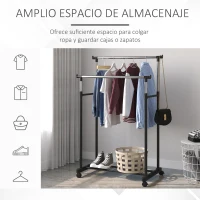 HOMCOM Perchero Colgador de Ropa con Ruedas Universales Frenos Estante Inferior Acero Inoxidable Tubo Metálico Estable 43x80x85-155 cm Negro(m-6)