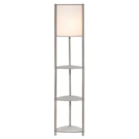 HOMCOM Lámpara de Pie de Madera con 3 Estantes Pantalla PVC Interruptor de Pie Estilo Moderno para Dormitorio Sala de Estar Salón Estudio 32x32x150 cm Roble Gris y Blanco(m-1)