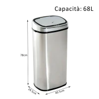 HOMCOM Pattumiera Cestino dei Rifiuti in Acciaio Inox con Sensore a Infrarossi 68L, Rettangolare, Argento(m-3)
