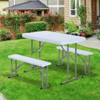 Outsunny-Set Tavolo da Campeggio Giardino Picnic con 2 Panche Pieghevole in Polietilene Bianco(m-2)