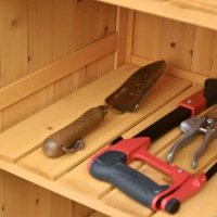 Outsunny Caseta de Jardín de Madera con 2 Puertas 138x54,5x175 cm Cobertizo de Almacenaje Herramientas Techo Asfáltico Estantes Ganchos para Exterior Madera Natural(m-7)