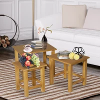 HOMCOM Set 3 Tavolini con Diverse Misure Impilabili Tavolini da Caffè, Tavolini d'Appoggio per Soggiorno, Giardino, Balcone Legno di Quercia di Elevata Qualità(m-2)