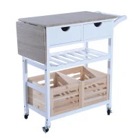 HOMCOM Carrello da Cucina Multifunzionale con 2 Ceste e Portabottiglie in Legno di Pino, Bianco, 70 x 40 x 86cm(m-5)