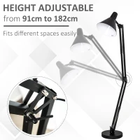 HOMCOM Lampada da Terra con Paralume e Altezza Regolabile, Interruttore a Pedale, in Metallo, Nero, 63x31.5x91-182cm(m-6)