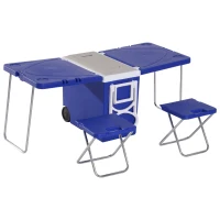 Outsunny Set Pic Nic Frigo 28L Tavolino Pieghevole Sedie con Rotelle Acciaio e PP Blu(m-1)