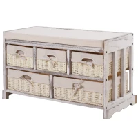 HOMCOM Cassettiera Stile Shabby Chic con Cestini in Vimini, Struttura in Legno e Seduta Imbottita, 80x37x45cm(m-1)