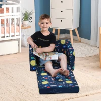 HOMCOM Divano Letto 2 in 1 per Bambini 3-6 anni, Imbottitura in Gommapiuma, Blu con Fantasia Spazio, 56 x 42 x 39cm(m-2)