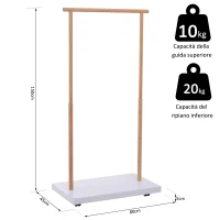 HOMCOM Stand Appendiabiti Salvaspazio con Ruote Bambù, MDF 80x45x150cm Bianco e Legno Naturale(m-3)