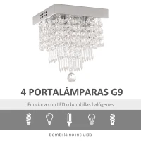 HOMCOM Lámpara de Techo de Cristal K9 Moderna con 4 Casquillos G9 de 40W y Base de Acero Inoxidable Lámpara de Araña para Comedor Dormitorio Salón Ø25x29 cm Plata(m-4)
