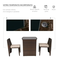 Outsunny Set Mobili da Giardino Salvaspazio con 1 Tavolo e 2 Sedie in Rattan PE Marrone(m-6)