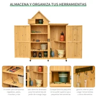 Outsunny Caseta de Jardín de Madera con 2 Puertas 138x54,5x175 cm Cobertizo de Almacenaje Herramientas Techo Asfáltico Estantes Ganchos para Exterior Madera Natural(m-4)