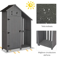 Outsunny Casetta Porta Attrezzi da Giardino in Legno di Abete Impermeabile con Ripiani e Legnaia, Grigia 129x51.5x180cm(m-5)