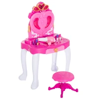 HOMCOM Tavolo da Trucco con Sgabello Specchiera per Bambina con Luci e Musica 43.5x31.5x72.5cm Rosa(m-1)