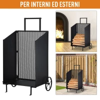 Outsunny Carrello Portalegna in Ferro Nero con 2 Ruote per Interni o Esterni(m-5)