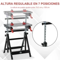 HOMCOM Banco de Trabajo Plegable con Altura Ajustable Tableros Regulables en Ancho y Distancia Carga Máx.100 kg 60x59x77-107 cm Negro y Plata(m-4)