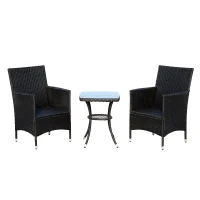 Outsunny Set Mobili da Giardino in Rattan, Tavolo con 2 Poltroncine con Cuscini, Nero(m-7)