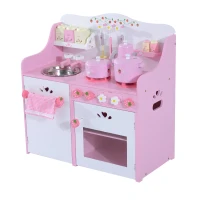 HomCom Cucina Giocattolo per Bambini in Legno con Accessori, Rosa, 60x30x62cm(m-5)