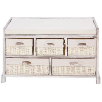 HOMCOM Cassettiera Stile Shabby Chic con Cestini in Vimini, Struttura in Legno e Seduta Imbottita, 80x37x45cm(m-4)