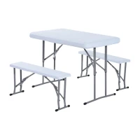 Outsunny-Set Tavolo da Campeggio Giardino Picnic con 2 Panche Pieghevole in Polietilene Bianco(m-1)