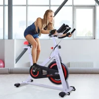 Homcom Cyclette Spinning Professionale con Sellino e Manubrio Regolabili Schermo LCD Bianco, nero, rosso, 107x48x100cm(m-2)