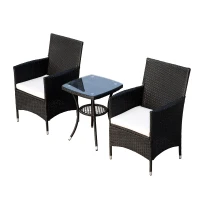 Outsunny Set Mobili da Giardino in Rattan, Tavolo con 2 Poltroncine con Cuscini, Nero(m-5)