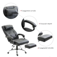 HOMCOM Sedia da Ufficio Ergonomica Girevole Poltrona Presidenziale Reclinabile con Poggiapiedi Estraibile 64.5×66.5×114-124cm Nero(m-8)