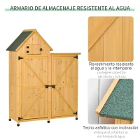 Outsunny Caseta de Jardín de Madera con 2 Puertas 138x54,5x175 cm Cobertizo de Almacenaje Herramientas Techo Asfáltico Estantes Ganchos para Exterior Madera Natural(m-5)