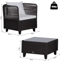 Outsunny Set Mobili da Giardino in Rattan 3 Pezzi 2 Poltrone Tavolino Piano in Vetro Struttura in Acciaio Marrone(m-3)
